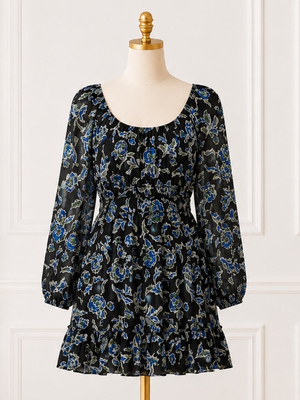 NWT Tanya Taylor Edita Floral Blue Long Sleeve Mini Dress Size 4